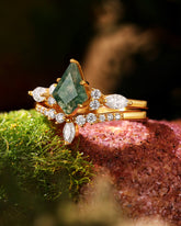 FIRANO Vintage Kite Shaped Moss Agate and Diamond Engagement Ring Set